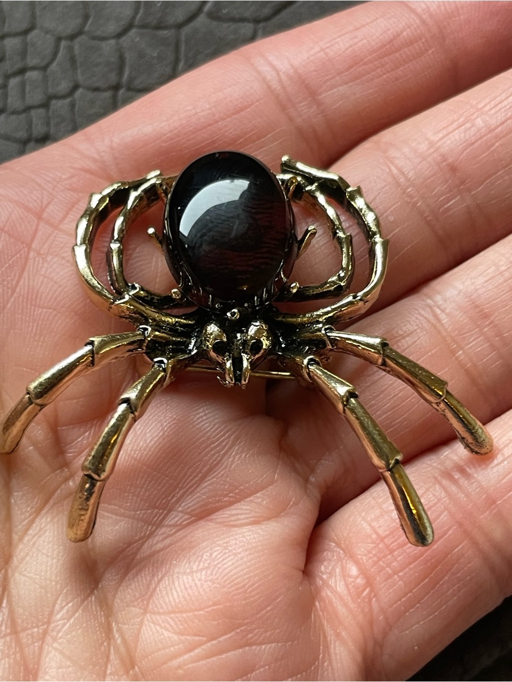 Gold Spider Brooch with Black Stone Accent - Women's Jewelry